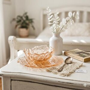 Vintage Rosaline Pink Glass "Crinkle" Texture Relish Bowl | Attached Underplate